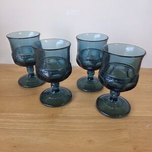 Indiana Glass Co. Teal Blue Sherry Goblet Set Of 4 Thumbprint